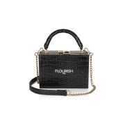 Flourish Paris Handbag Tijuana Black Croc Briefcase Front View with strap out on White Background