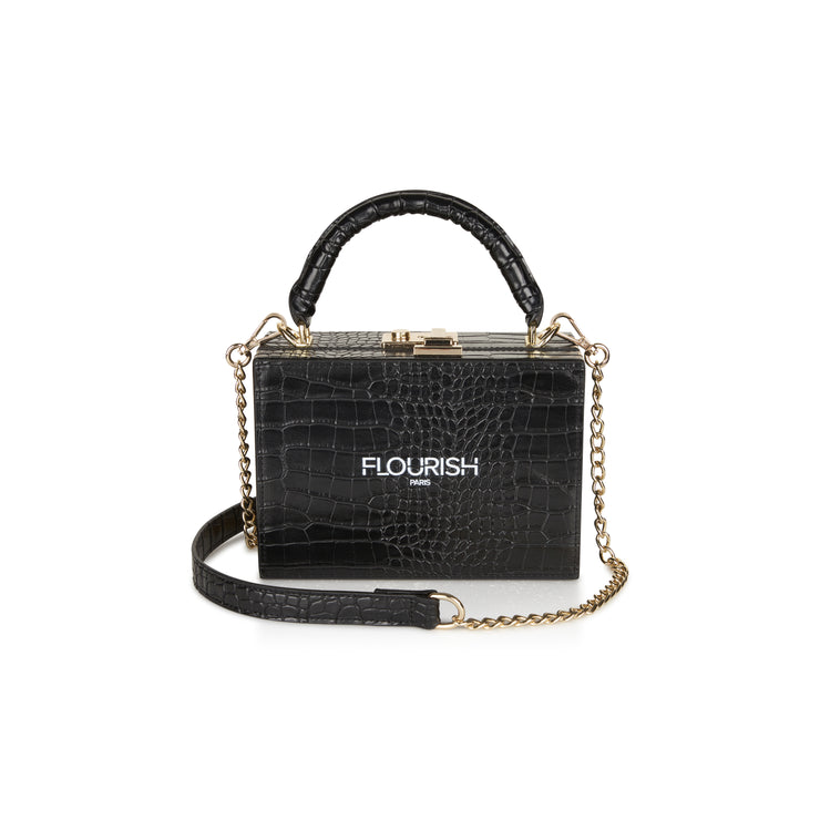 Flourish Paris Handbag Tijuana Black Croc Briefcase Front View with strap out on White Background