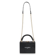 Flourish Paris Handbag Tijuana Black Croc Briefcase Front View with strap up on White Background