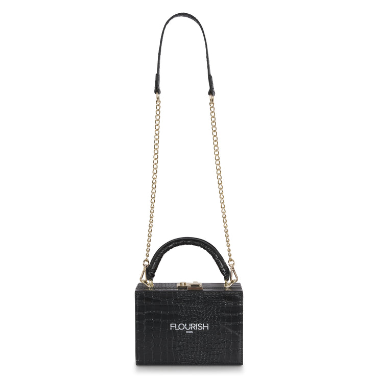 Flourish Paris Handbag Tijuana Black Croc Briefcase Front View with strap up on White Background