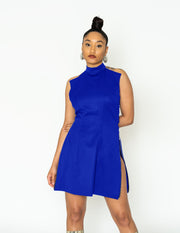 Model wearing jeju dress in royal blue on white background